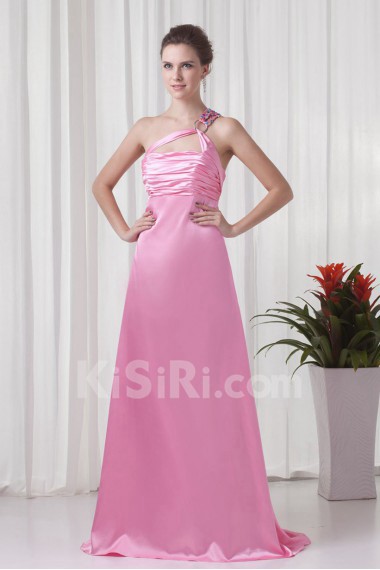 Satin One Shoulder A Line Dress with Directionally Ruched Bodice