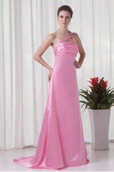 Satin One Shoulder A Line Dress with Directionally Ruched Bodice