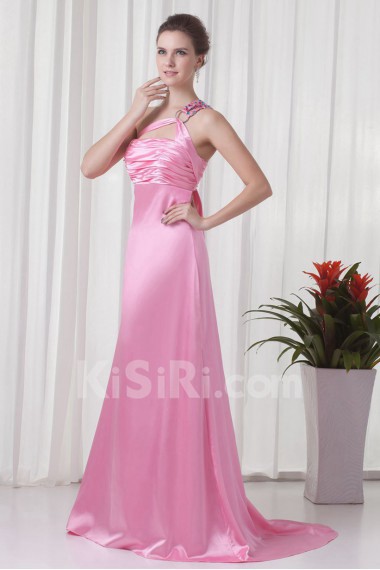 Satin One Shoulder A Line Dress with Directionally Ruched Bodice