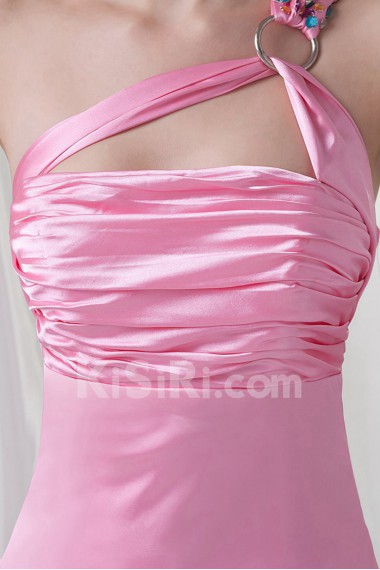 Satin One Shoulder A Line Dress with Directionally Ruched Bodice