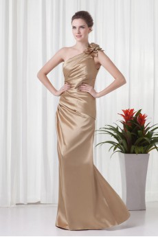 Satin Asymmetrical Sheath Dress with Gathered Ruched Bodice