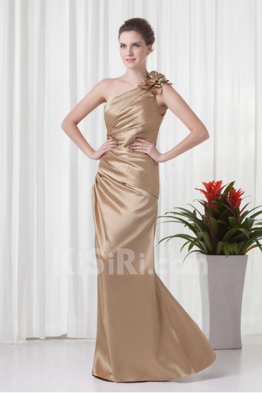 Satin Asymmetrical Sheath Dress with Gathered Ruched Bodice