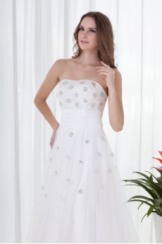 Satin and Net Strapless A Line Dress with Embroidery