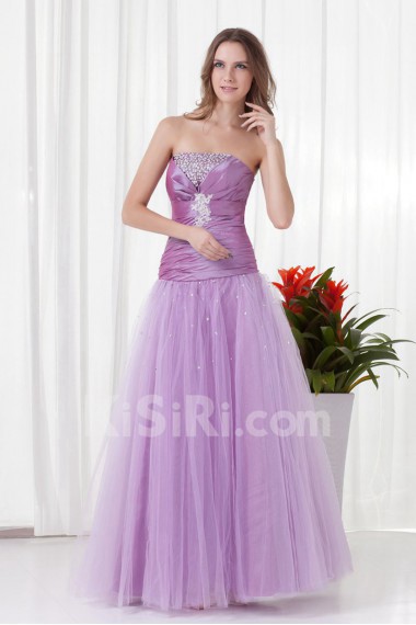 Net and Taffeta Strapless A Line Dress with Directionally Ruched Bodice