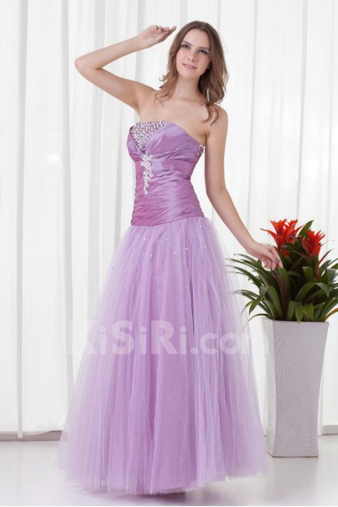 Net and Taffeta Strapless A Line Dress with Directionally Ruched Bodice