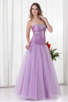 Net and Taffeta Strapless A Line Dress with Directionally Ruched Bodice