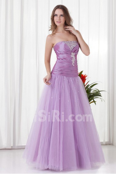 Net and Taffeta Strapless A Line Dress with Directionally Ruched Bodice