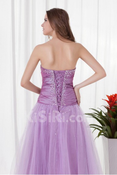 Net and Taffeta Strapless A Line Dress with Directionally Ruched Bodice