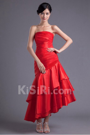 Satin Strapless Sheath Ankle-Length Dress with Gathered Ruched Bodice