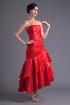 Satin Strapless Sheath Ankle-Length Dress with Gathered Ruched Bodice