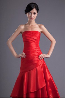 Satin Strapless Sheath Ankle-Length Dress with Gathered Ruched Bodice