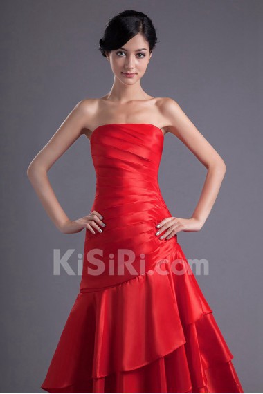 Satin Strapless Sheath Ankle-Length Dress with Gathered Ruched Bodice