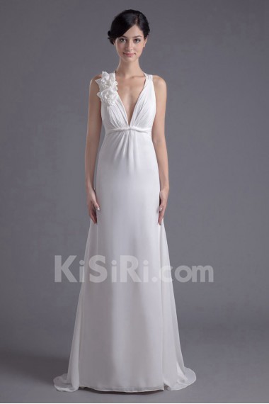 Chiffon V Neckline Column Dress with Hand-made Flowers