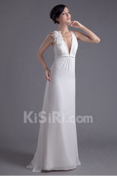 Chiffon V Neckline Column Dress with Hand-made Flowers