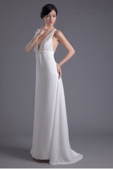 Chiffon V Neckline Column Dress with Hand-made Flowers