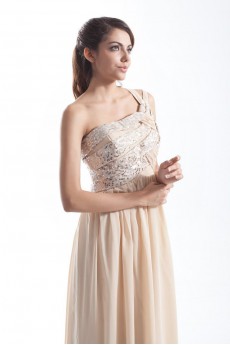 Chiffon One Shoulder Column Dress with Embroidery