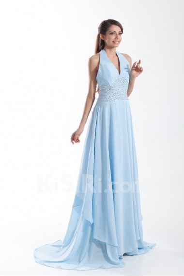 Chiffon Halter Column Beaded Dress