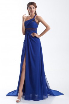 Chiffon One Shoulder Column Dress with Embroidery