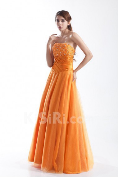 Taffeta and Net Strapless A Line Dress with Embroidery