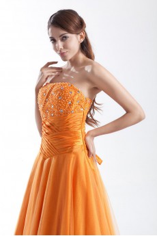 Taffeta and Net Strapless A Line Dress with Embroidery