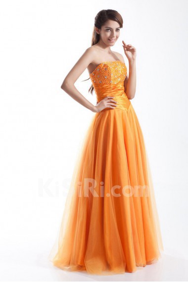 Taffeta and Net Strapless A Line Dress with Embroidery