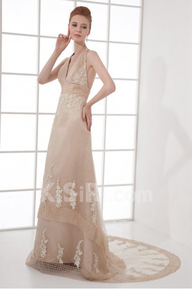 Organza V Neckline Empire Dress with Embroidery