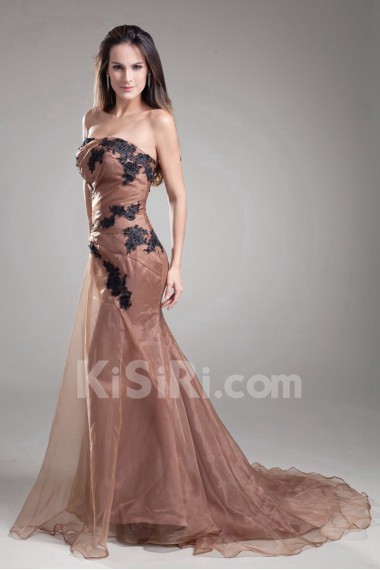 Organza Strapless Sheath Dress with Embroidery