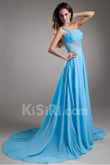 Chiffon One Shoulder Column Dress with Embroidery