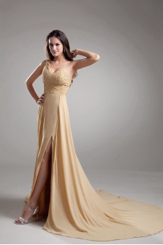 Chiffon One Shoulder A Line Dress with Embroidery