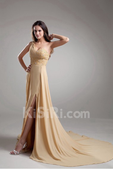 Chiffon One Shoulder A Line Dress with Embroidery