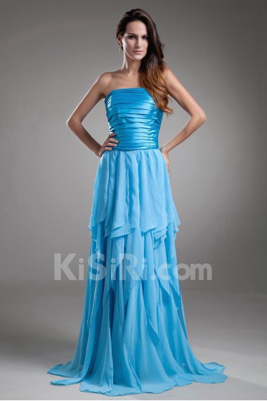 Chiffon Strapless A Line Dress with Directionally Ruched Bodice