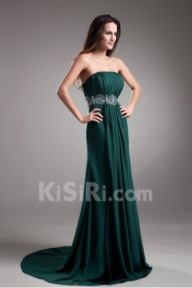 Chiffon Strapless Coloum Dress with Embroidery