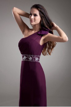 Chiffon One Shoulder Sheath Dress with Embroidery