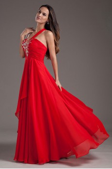 Chiffon One Shoulder Column Dress with Embroidery