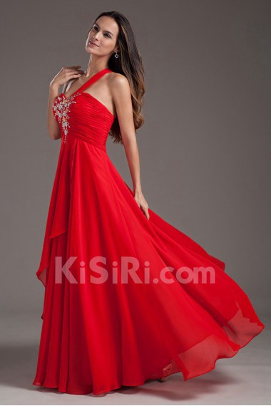 Chiffon One Shoulder Column Dress with Embroidery