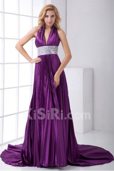 Satin V Neckline Empire Dress with Sash and Sequins