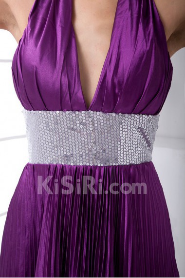 Satin V Neckline Empire Dress with Sash and Sequins