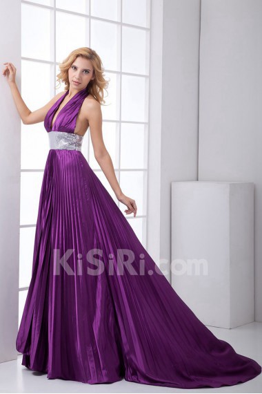 Satin V Neckline Empire Dress with Sash and Sequins