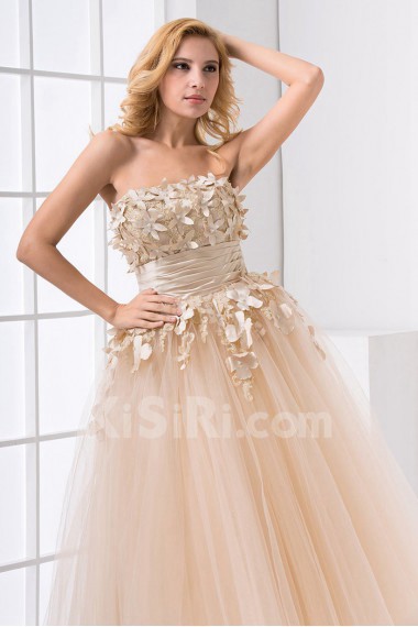 Net Strapless Ball Gown with Embroidery