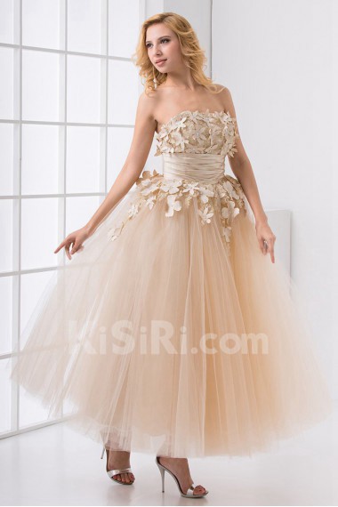 Net Strapless Ball Gown with Embroidery