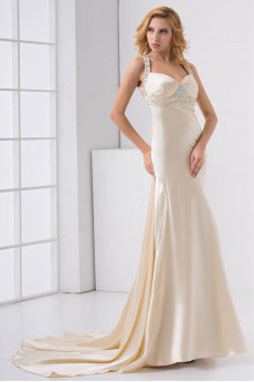 Satin Sweetheart Column Dress with Embroidery