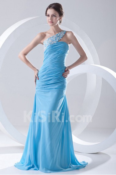 Chiffon One Shoulder Sheath Dress with Directionally Ruched Bodice