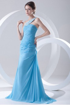 Chiffon One Shoulder Sheath Dress with Directionally Ruched Bodice