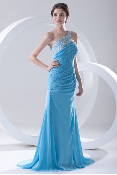 Chiffon One Shoulder Sheath Dress with Directionally Ruched Bodice