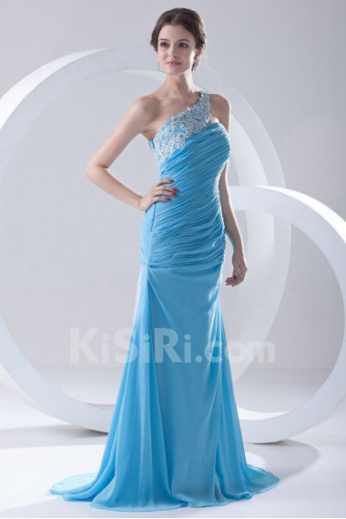 Chiffon One Shoulder Sheath Dress with Directionally Ruched Bodice