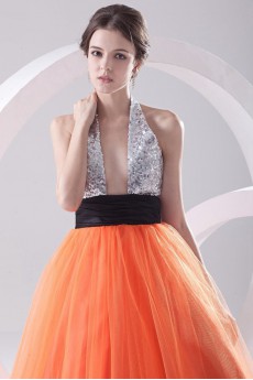 Net and Satin Halter A Line Dress with Sash