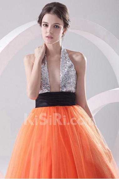 Net and Satin Halter A Line Dress with Sash