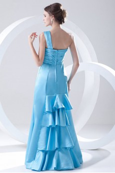 Satin One Shoulder A Line Dress with Crisscross Ruched Bodice