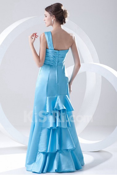 Satin One Shoulder A Line Dress with Crisscross Ruched Bodice