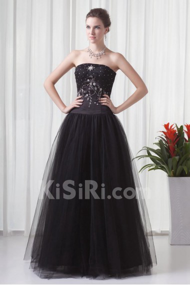 Net and Satin Strapless A Line Floor Length Dress with Embroidery